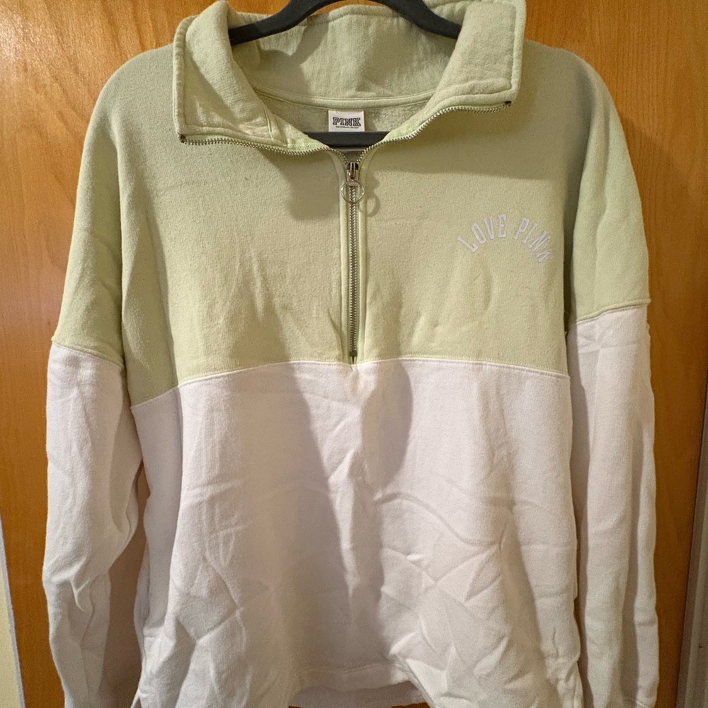 Victoria's Secret PINK Green and White Quarter-Zip Sweatshirt